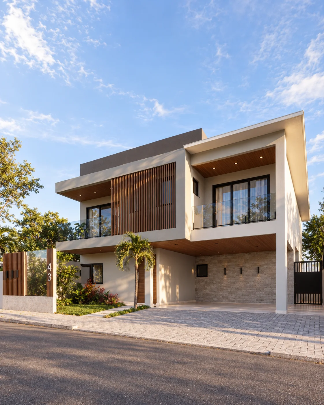 Fachada de residência de dois pavimentos com volumes brancos e madeira
