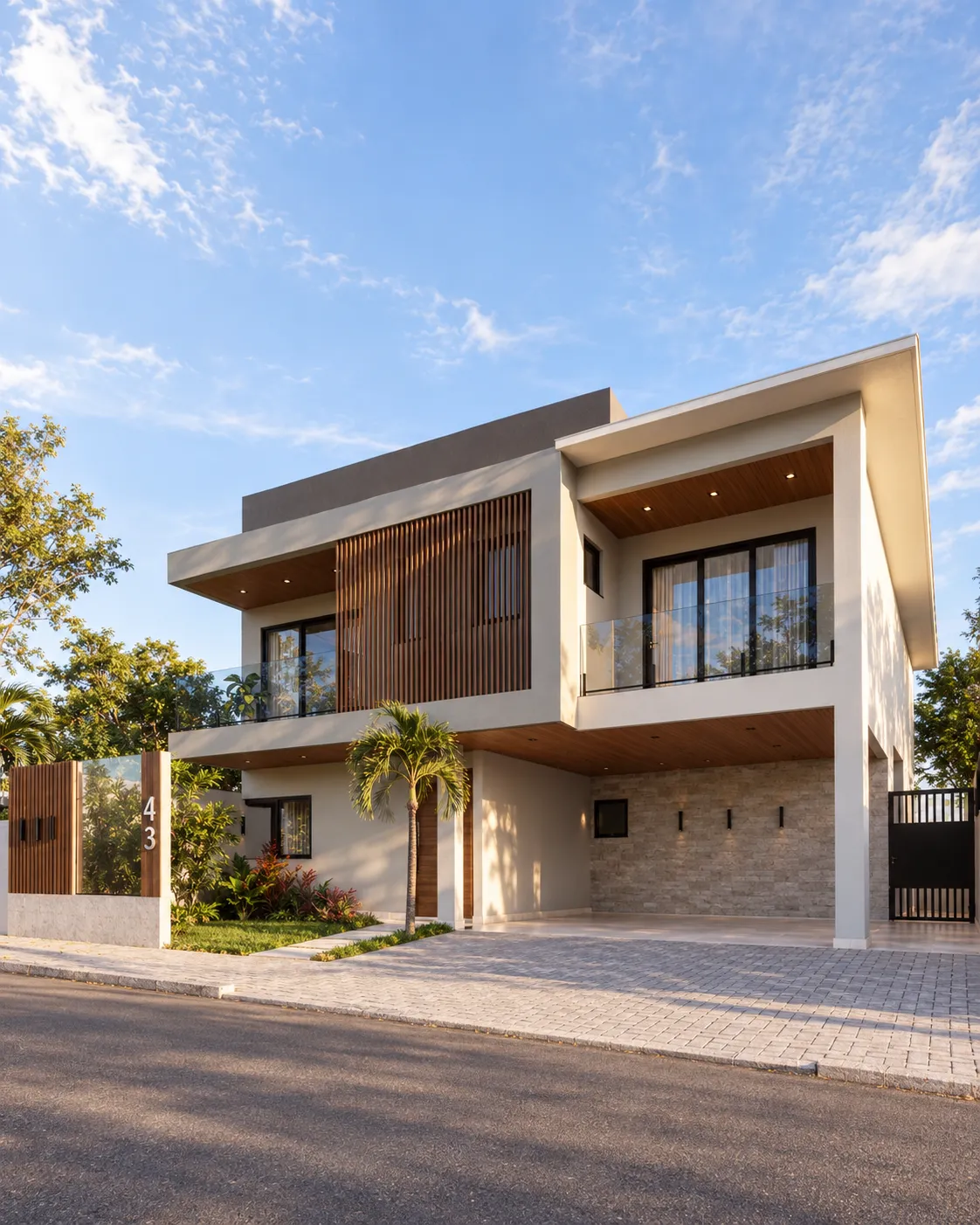 Fachada de residência de dois pavimentos com volumes brancos e madeira