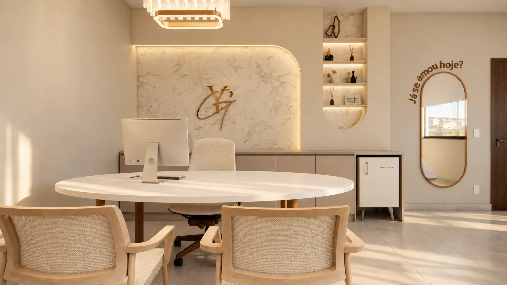 Sala de atendimento com mesa redonda, parede em pedra e espelho oval