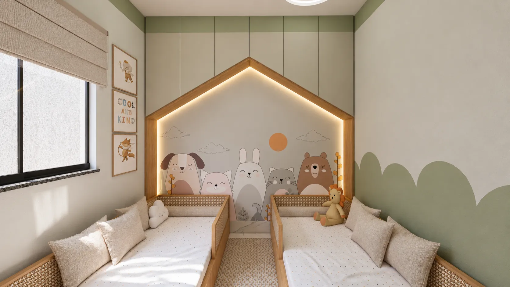 Quarto infantil com cama em formato de casinha e marcenaria verde
