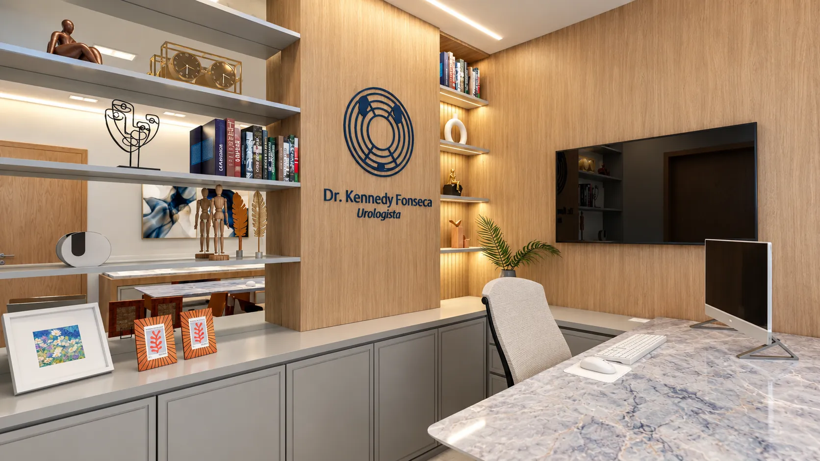Consultório com painel de madeira, estantes iluminadas e mesa em pedra