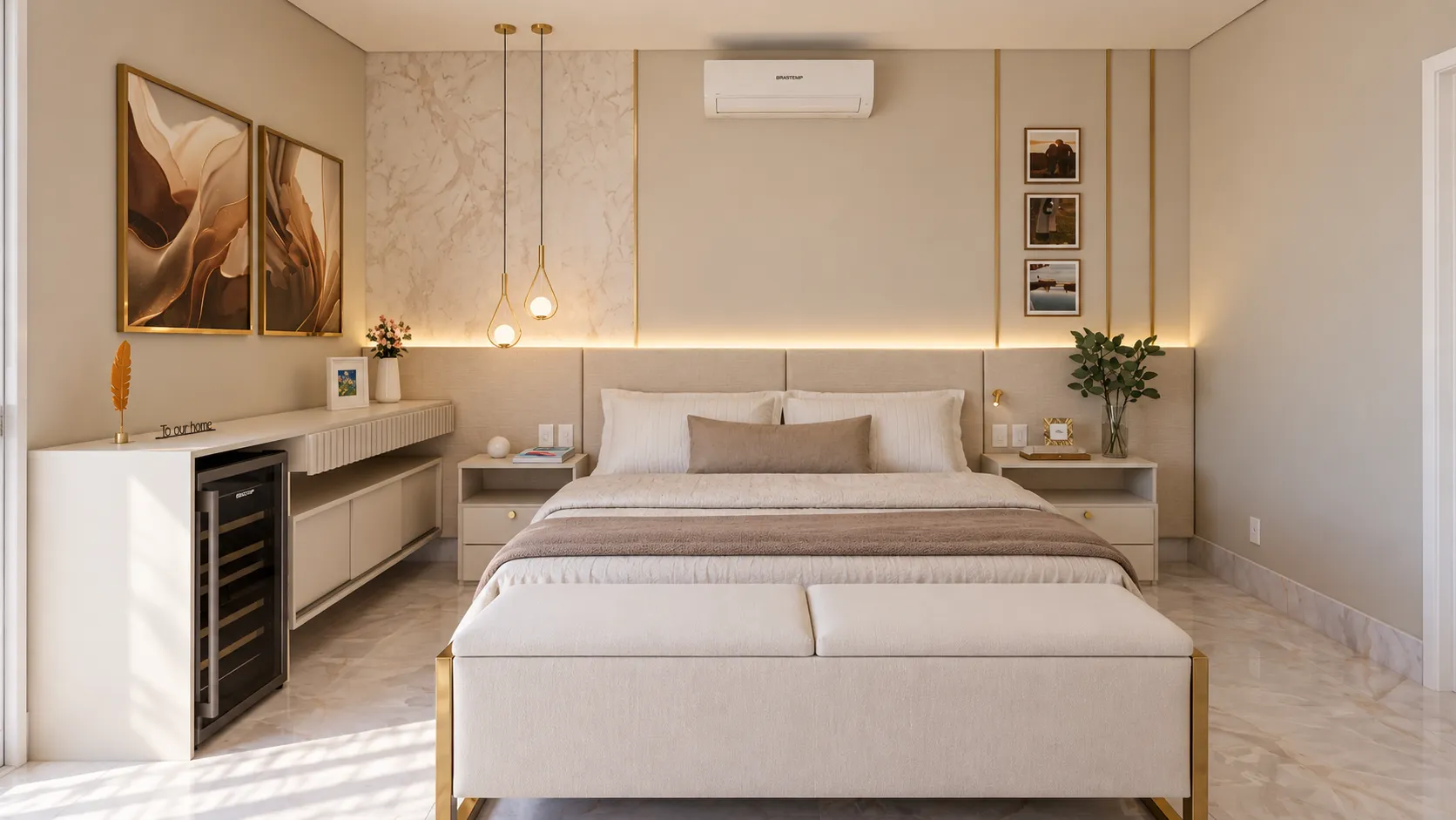 Suíte com cabeceira estofada iluminada, quadros e cortinas claras