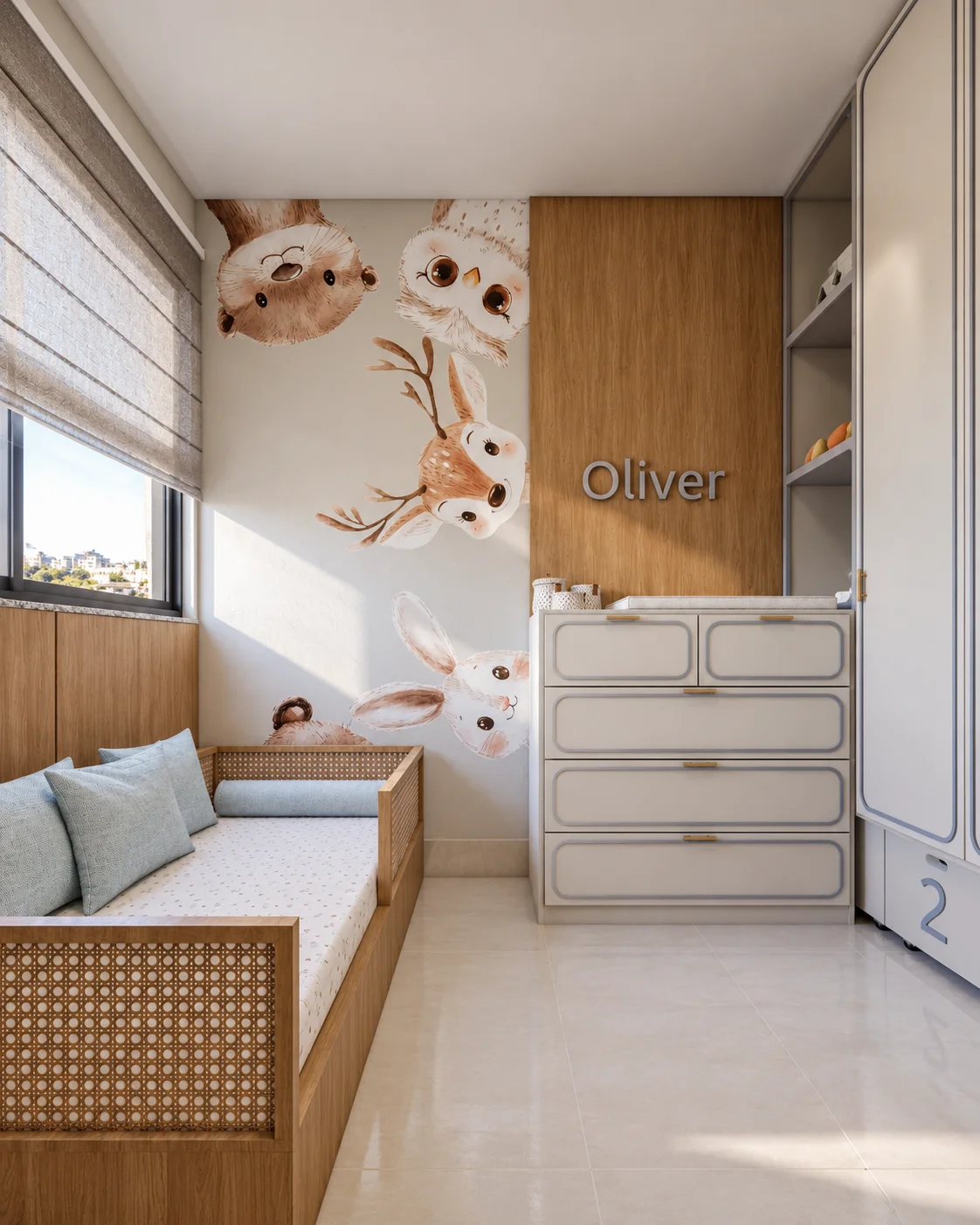 Quarto de bebê com papel de parede ilustrado e sofá-cama em palhinha